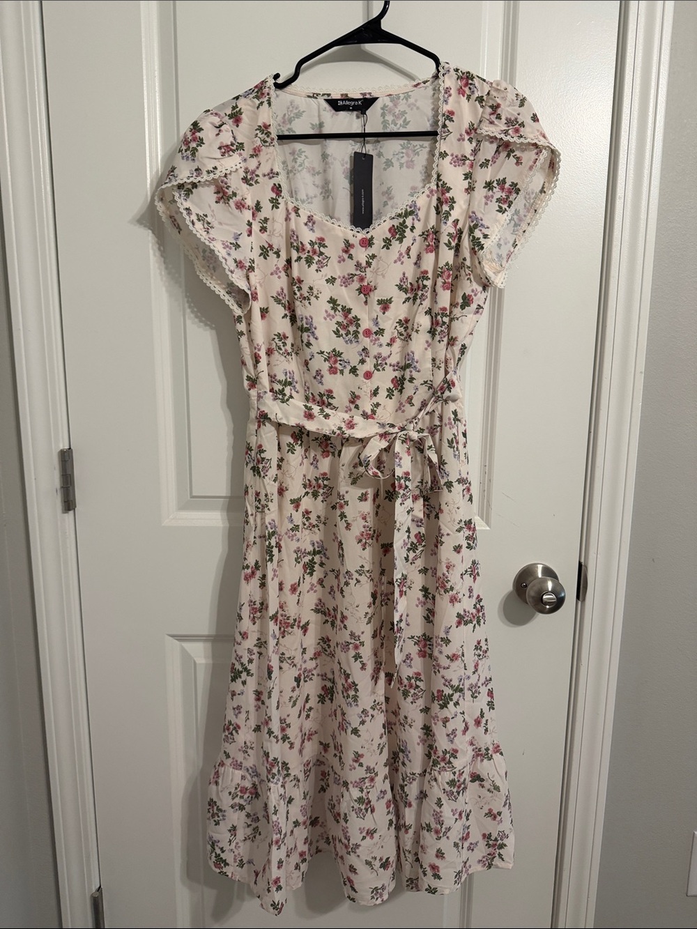 Allegra K Cream Floral Maxi Dress with Pink & Green Print